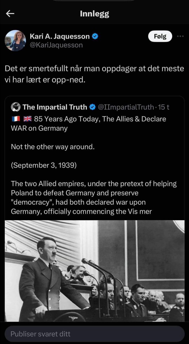 I årets minst overraskende nyhet har Kari Jaquesson ankommet endestasjonen på reisen hun begynte på da hun bare hadde noen spørsmål om IS og Israel.

Denne tweeten er tilegnet alle dem som har forsvart og unnskyldt henne.

(Kontoen "The Impartial Truth" er ren nazipropaganda).