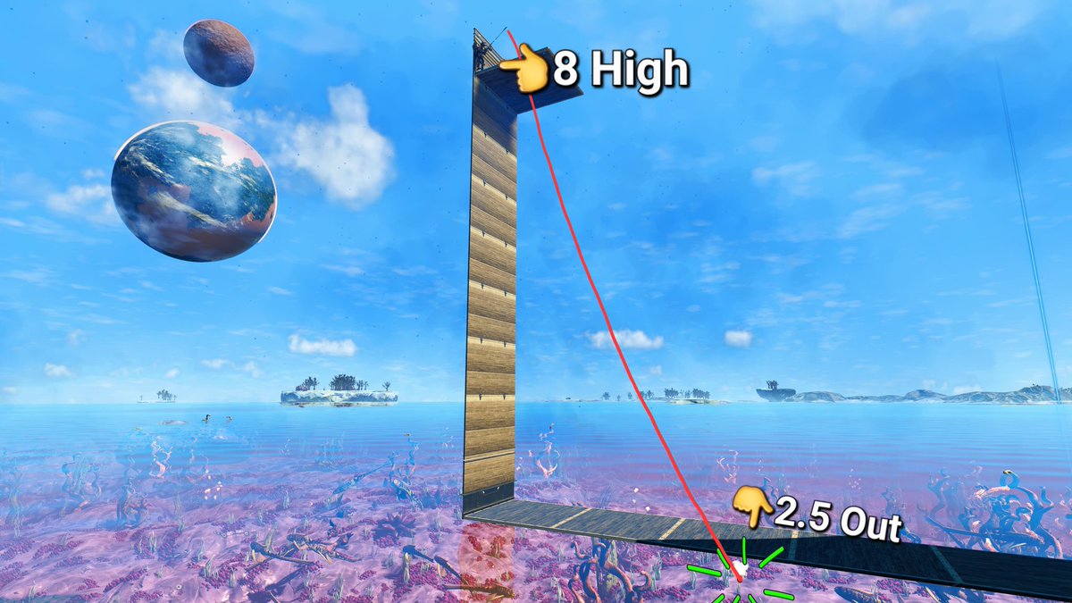 SebatioPSN's tweet image. For the #NoMansSky builders out there or anyone curious how far you can cast your fishing line, here's a pretty close representation. Forgive the slapped together lines 😅. Straight outwards is 6.16(ish) floor tiles out, below is exactly 8 high &amp;amp; 2.5 out. Casting cone in last pic
