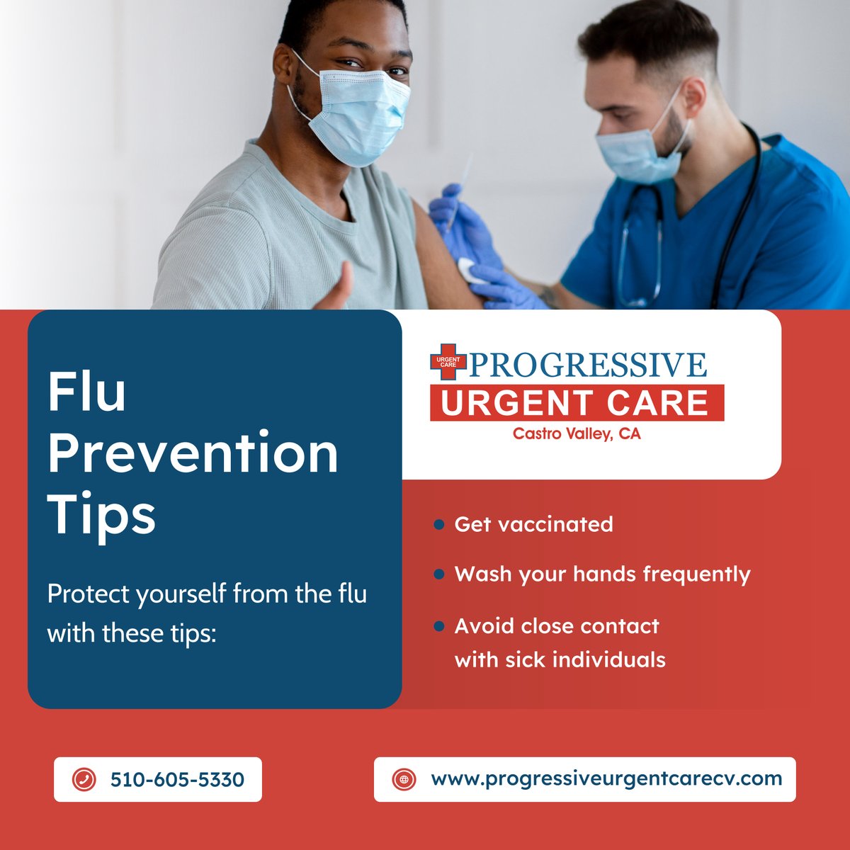 progressiveuccv's tweet image. Stay flu-free with these tips: get vaccinated, wash hands, and avoid the sick. Protect yourself and others.

#CastroValleyCA #UrgentCareCenter #FluTips
