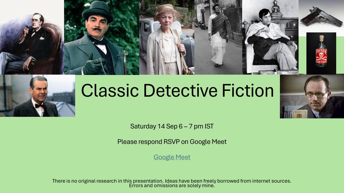 I will be making a very interesting presentation on Classic Detective Fiction 
14 Sept  •  18:00–19:00  •  View details and RSVP calendar.app.google/N8pZoLbZKRnugy…

If you haven't read my book, The Mussoorie Murders yet, pick it up from Amazon

 amzn.in/d/dDt4f4F