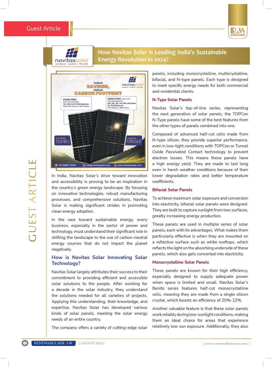 renewablemirror's tweet image. 🌞 Powering India's future!

How Navitas Solar is driving the nation's sustainable energy revolution in 2024.

Discover the full story on how they’re leading the charge for a sustainable India. 🌱

#RenewableEnergy #SustainableFuture #NavitasSolar #SolarRevolution