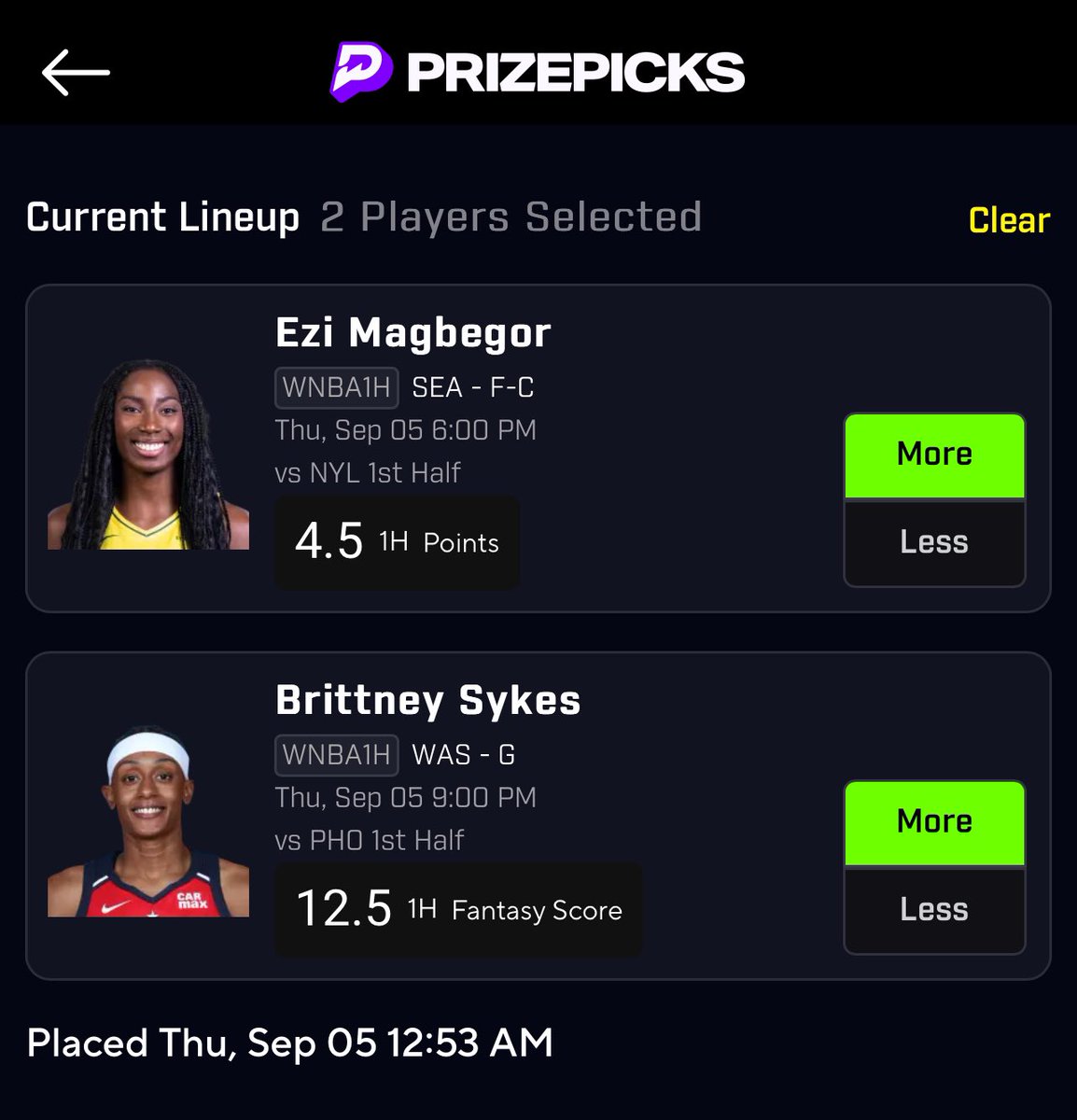 TizzyTwoPicks's tweet photo. WNBA ✌🏼 pick early cook up 🍳🏀⛹️‍♀️

Griner U 8.5 1H PTS 
65.9% HR -190

Dolson U 9.5 PTS 
76.2% HR -310

Magbegor  O 4.5 1H PTS 67.9% HR -210

Sykes O 12.5 1H FS 
72.5% HR -265

#wnba #sportsbetting #gamblingtwitter #prizepicks #same24squad https://t.co/SqJfQBtw0e