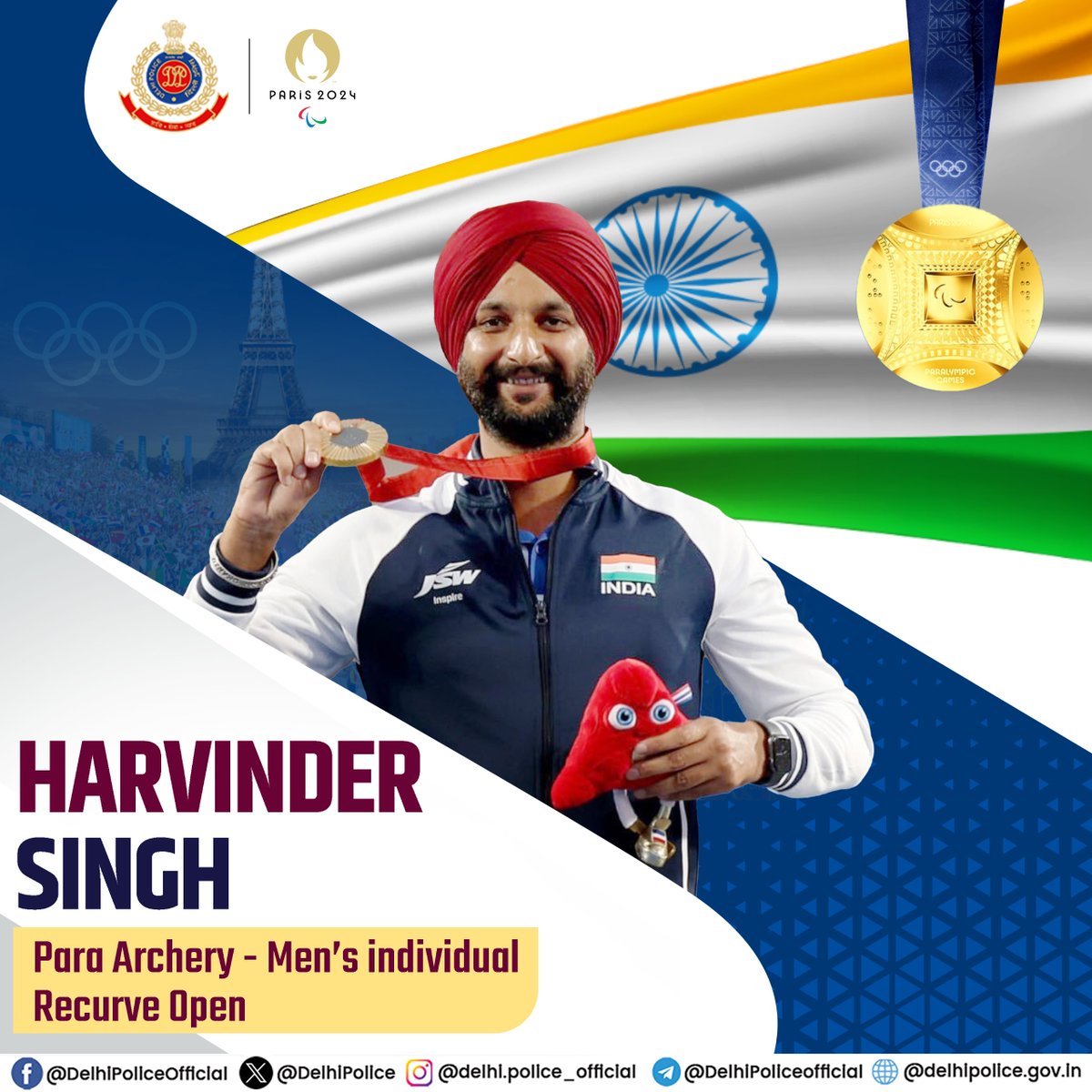 DelhiPolice's tweet photo. 🥇Harvinder Singh's golden shot echoes through history! Congratulations on becoming India's first Paralympic gold medalist in archery. Your victory is an inspiration for the whole nation.
#GoldenAim #ArcheryChampion #ParalympicPride https://t.co/6dKf14YbAm