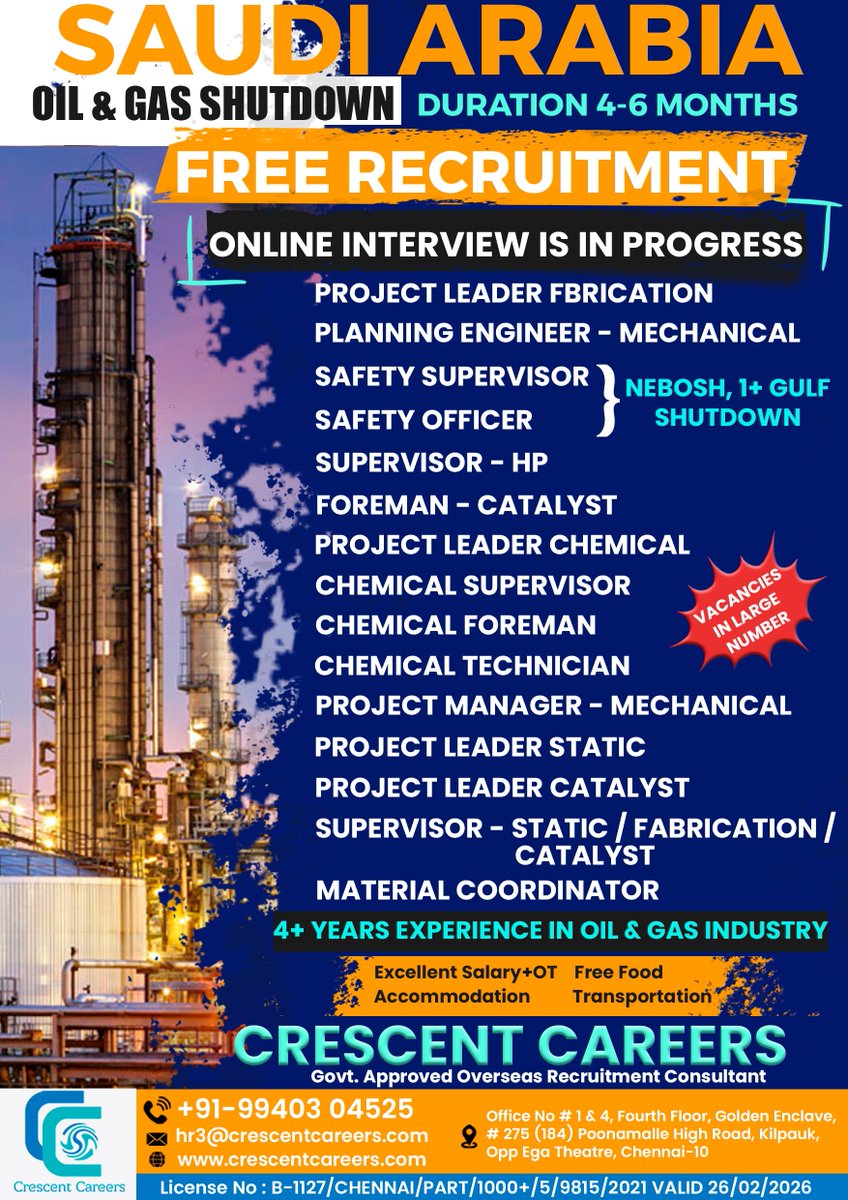 jobstoabroad's tweet image. FREE RECRUITMENT FOR SAUDI ARABIA

ONLINE INTERVIEW IS IN PROGRESS

FREE RECRUITMENT | DURATION 4-6 MONTHS

jobstoabroad.com/job/saudi-arab…

Contact: +91-99403 04525

#projectleader #safetysupervisor #safetyofficer #NEBOSH #ChemicalSupervisor #PlanningEngineer #chemicaltechnician