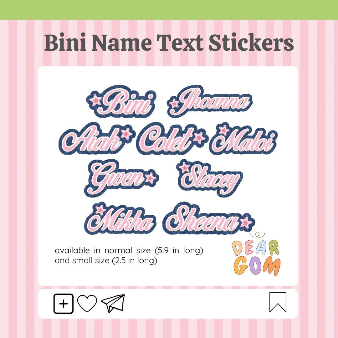 deargomph's tweet image. #gommiestickers

⋆｡‧˚ʚ🍒ɞ˚‧｡⋆ bini name text stickers  
 
small size - 15 pesos each  
normal size - 25 pesos each    

୨♡୧ wts lfb bini jhoanna aiah colet maloi gwen stacey mikha sheena stickers anik anik ph