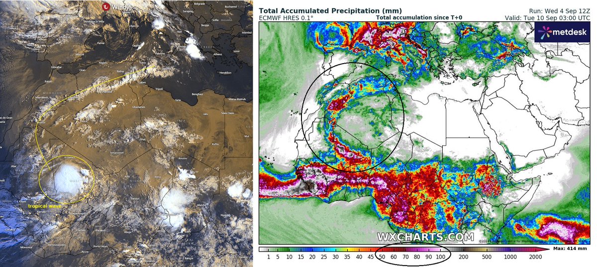 severeweatherEU's tweet image. This is just beyond insane. A tropical wave is dumping serious rainfall on Mali, a desert country in North Africa. In the coming days, its path will travel across northern Mauritania and curve into western and northern Algeria. The Sahara Desert is experiencing some historic rain