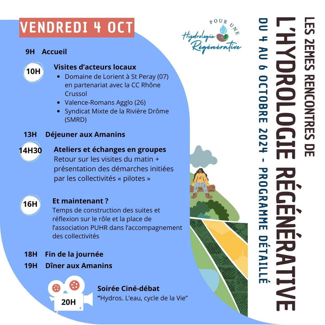 [2èmes Rencontres de l'HR - Programme du Vendredi 4 octobre]
Ces 2èmes Rencontres s'ouvriront par une journée dédiée aux collectivités territoriales et aux EPTB, suivie par un après-midi d’échanges entre les participants.
Infos et inscriptions : hydrologie-regenerative.fr/rencontres-202…