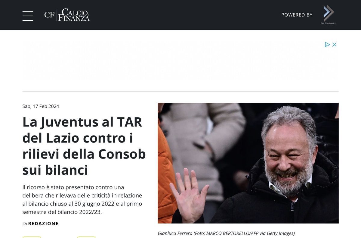 ZZiliani's tweet photo. La Consob smonta la difesa della Juventus e conferma: bilanci non conformi. E mentre Madama ricorre al TAR (!) la Procura FIGC sta a guardare: eppure questo è un fatto nuovo  
Sembra un déjà vu, o un brutto sogno, e invece è vero: dopo i mille ricorsi fatti (e tutti persi) dalla Juventus di Agnelli, ora ci si mette anche la Juventus di Ferrero e Scanavino. La Consob ha respinto le sue contro-deduzioni sui nuovi bilanci falsati e i dirigenti del Nuovo Corso si sono appellati al TAR del Lazio. La linea di difesa? Noi abbiamo ragione e la Consob ha torto. Gravina in ansia per il brand

(su https://t.co/l4gP5JEXPE e su Twitter abbonati)

P.S. Se, come per questo argomento, volete sapere prima e subito tutte le verità che l'informazione di Palazzo non vi dirà mai, o le opinioni scomode che nessuno osa esporre, vi invito a visitare il mio sito https://t.co/l4gP5JEXPE che ha già centinaia di abbonati a pagamento e migliaia di abbonati free. Gli altri vi raccontano Alice nel Paese delle Meraviglie, in "Palla Avvelenata" troverete invece tutte le notizie riportate e commentate senza guardare in faccia a nessuno: se non altro, smetterete di essere presi in giro