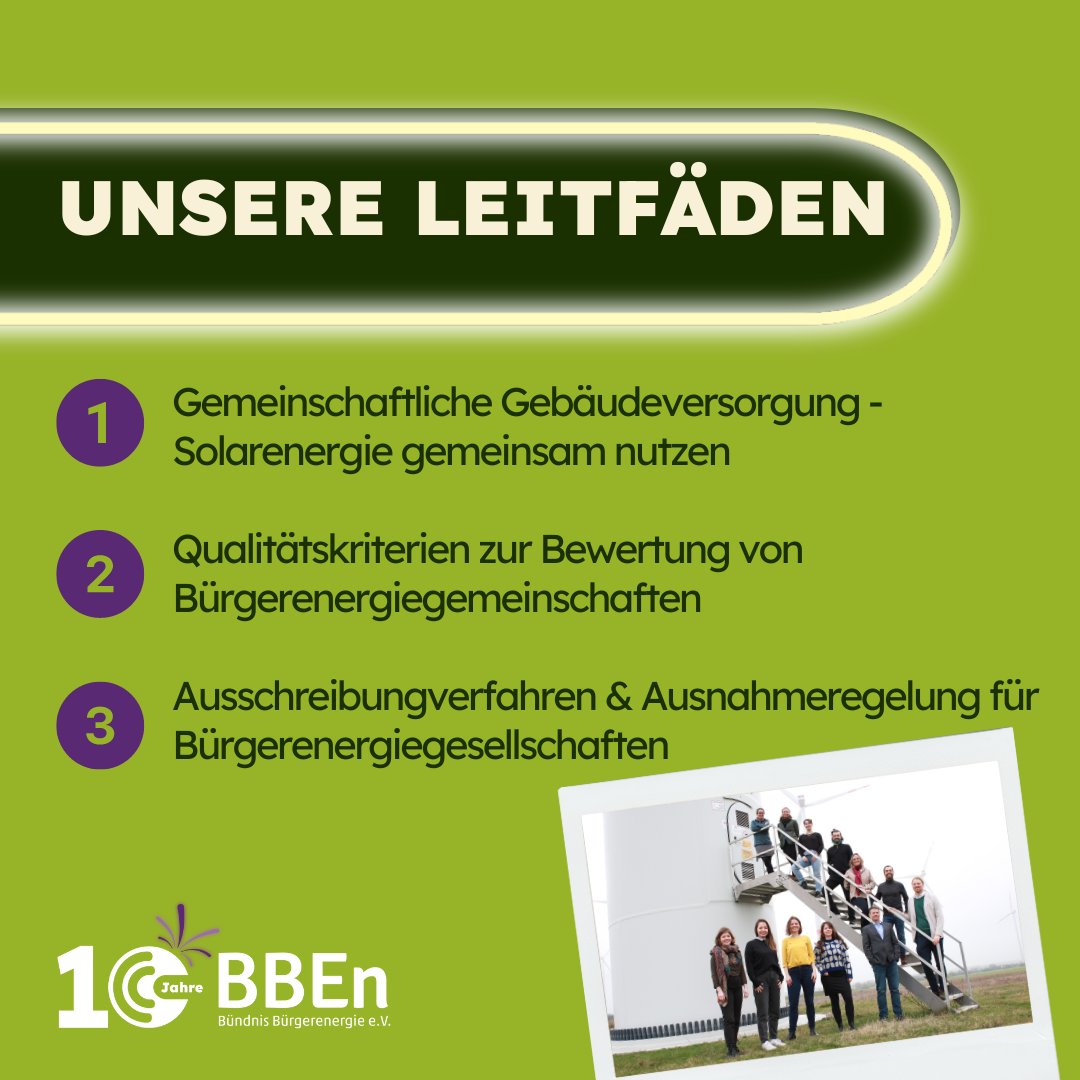 Wir haben 3 tolle Leitfäden:
1.Gemeinschaftliche Gebäudeversorgung - Solarenergie gemeinsam nutzen
2.Qualitätskriterien zur Bewertung von Bürgerenergiegemeinschaften
3.Ausschreibungverfahren &amp; Ausnahmeregelung für Bürgerenergiegesellschaften
buendnis-buergerenergie.de/veroeffentlich…
