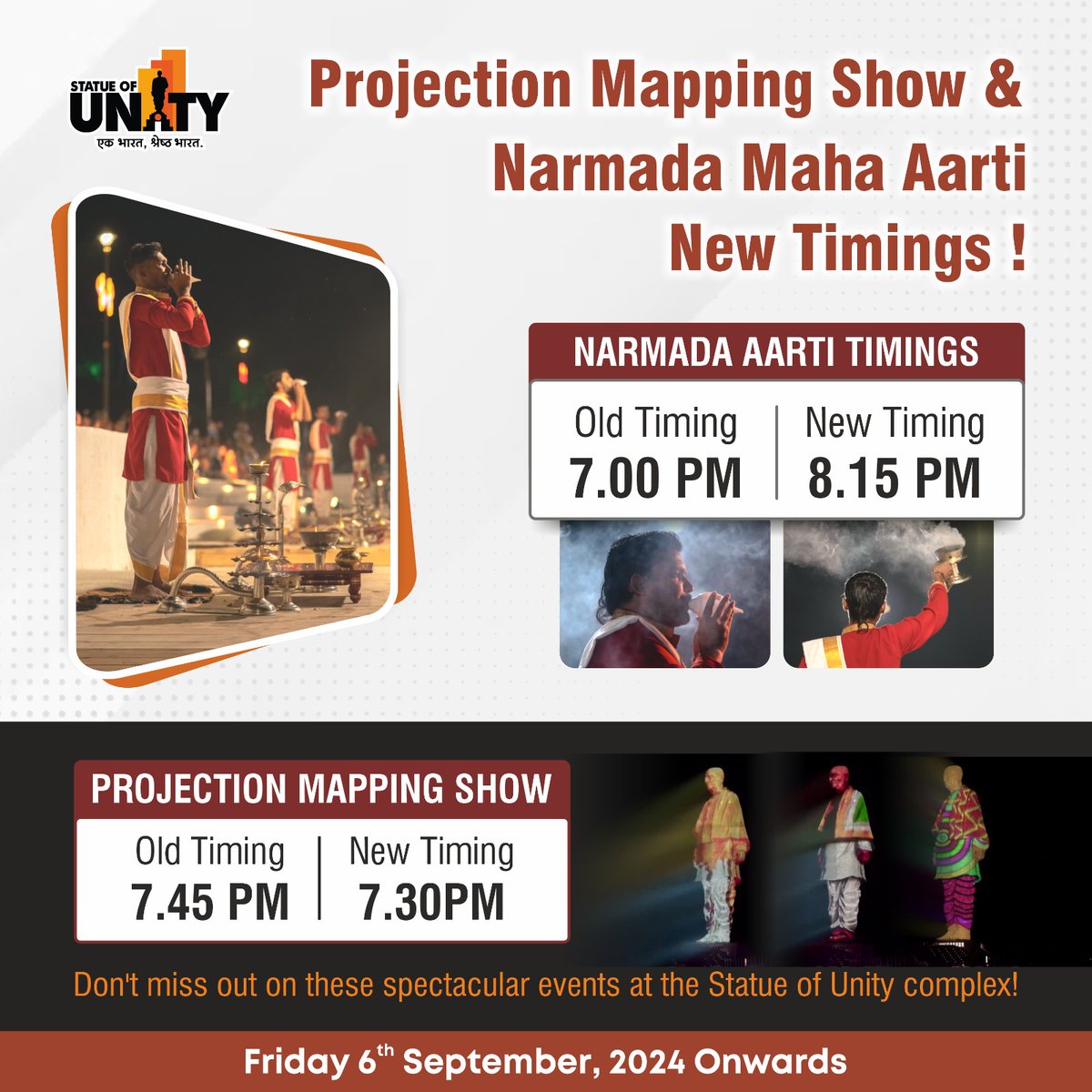 souindia's tweet photo. Don't miss the unforgettable evening at the #StatueOfUnity !
The #NarmadaMahaAarti will kick off at 8:15 PM, followed by the spectacular #ProjectionMappingShow at 7:30 PM starting September 6th.
Book your trip to #EktaNagar today on https://t.co/yfIGXzG0He and don't miss out on this extraordinary experience.
#ExploreGujarat #IndiaUnity #IronManOfIndia #GujaratTourism #EkBharatShreshthaBharat #StatueOfUnityGujarat #SardarVallabhbhaiPatel #IndianHeritage #TourismInIndia #GujaratPride #ExploreIndia