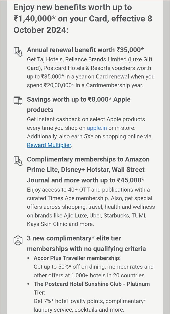 📢 It's here. The New Amex Plat Charge Benefits against the increased fee of ₹77,880.

👉 Renewal benefits now explicitly called out.
👉 Apple Instant Cashback.
👉 OTT Memberships. 
👉 Accor Plus Traveller and Postcard Sunshine Club Platinum membership.

Worth the fee hike? Kya