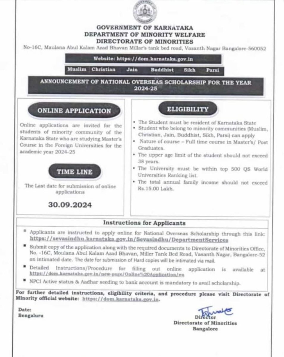 Online Application for National Overseas Scholarship is open for the year 2024-25 (The last date for admission of online applications 30-09-2024)