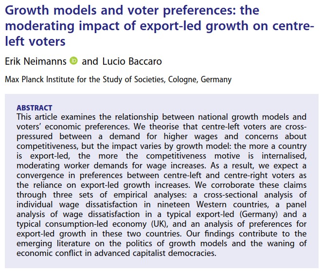Erik Neimanns @eneimanns.bsky.social (@erikneimanns) on Twitter photo Why don´t we see more political competition in economic policy? Re wages, we (<a href="/luciobaccaro/">Lucio Baccaro</a>) show that the more dependent countries are on exports, the more the preferences of center-left and center-right voters converge. 1/2
doi.org/10.1080/135017…
<a href="/jepp_journal/">JEPP</a>
<a href="/MPIfG_Cologne/">Max Planck Institute for the Study of Societies</a> Why don´t we see more political competition in economic policy? Re wages, we (<a href="/luciobaccaro/">Lucio Baccaro</a>) show that the more dependent countries are on exports, the more the preferences of center-left and center-right voters converge. 1/2
doi.org/10.1080/135017…
<a href="/jepp_journal/">JEPP</a>
<a href="/MPIfG_Cologne/">Max Planck Institute for the Study of Societies</a>