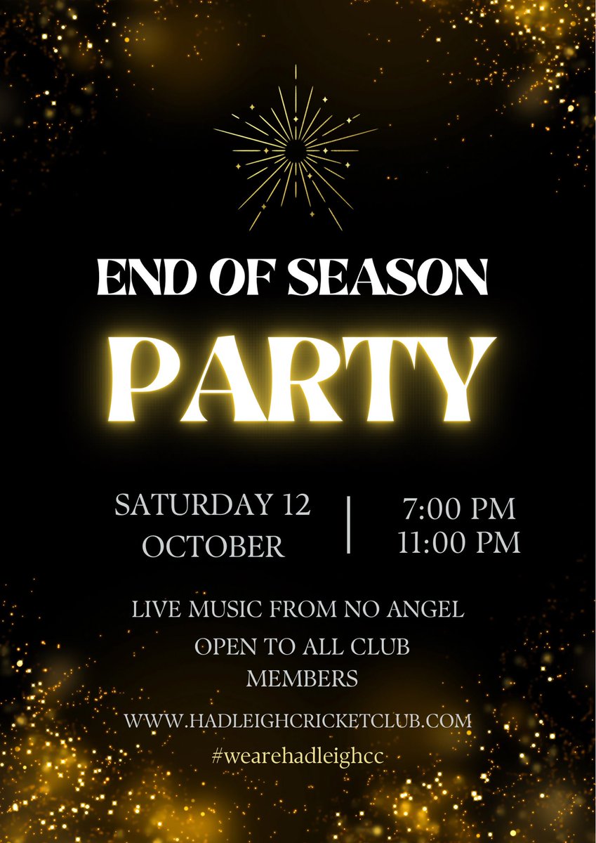 HadCC_Suffolk's tweet photo. Join us on 12th October to celebrate the club’s achievements in 2024! Open to all including families of our junior players &amp; social members! 
Following the awards, our friends No Angel will provide live music to finish the evening 🏆🎤🕺🏼💃
#letsparty #endofseason #wearehadleighcc https://t.co/EWfklMBymx