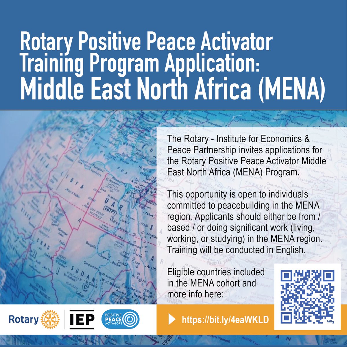 The Rotary - Institute for Economics &amp; Peace Partnership invites applications for the Rotary Positive Peace Activator Middle East North Africa Program.

Applications close September 30, 2024.