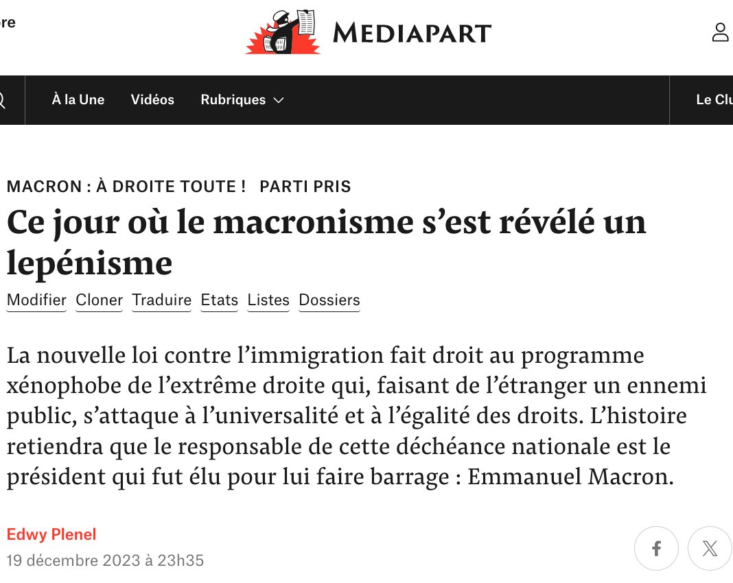 Depuis la loi immigration, Macron a fait le choix d'aligner la vie politique française sur l'extrême droite. La dissolution assumait le risque de gouverner avec elle. La tragicomédie du nouveau PM promeut le RN en arbitre parlementaire. Ce président a tué le front républicain.