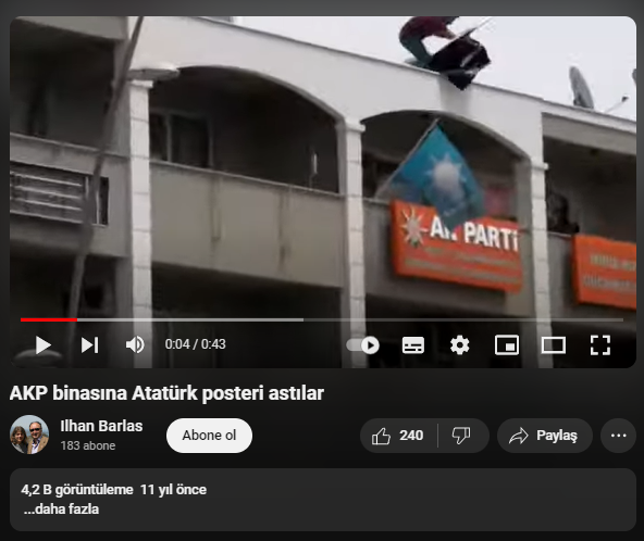 CheckZOfficial's tweet photo. Turhan Bozkurt isimli dezenformasyon hesabının paylaştığı video güncel değil❗

📹Video 2013 yılında Gezi Parkı eylemleri sırasında kayda alınmış.

✅ Bayrak asılan yer AK Parti Marmaris İlçe Teşkilatı binası. https://t.co/ksORQR9ynP