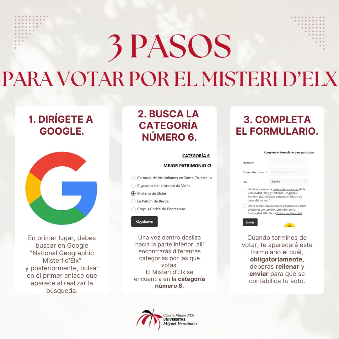 🤩¡¿Aún no sabes como poder votar por el Misteri d'Elx en la categoría de mejor patrimonio cultural?!

📍Tan solo serán tres pasos muy sencillos a seguir.

🥳Recuerda tienes hasta el 10 de octubre, ¡a que esperas, vamos!🥳