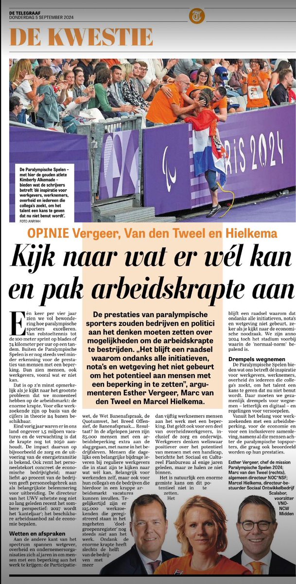 De atleten op de Paralympische Spelen laten ons zien wat er wél kan. Een goed voorbeeld voor werkgevers om in het kader van de krapte op de arbeidsmarkt te kijken naar mogelijkheden en veel meer banen te creëren voor werkzoekenden met een beperking! <a href="/vnoncwmidden/">VNO-NCW Midden</a> <a href="/scalabor/">Scalabor</a>