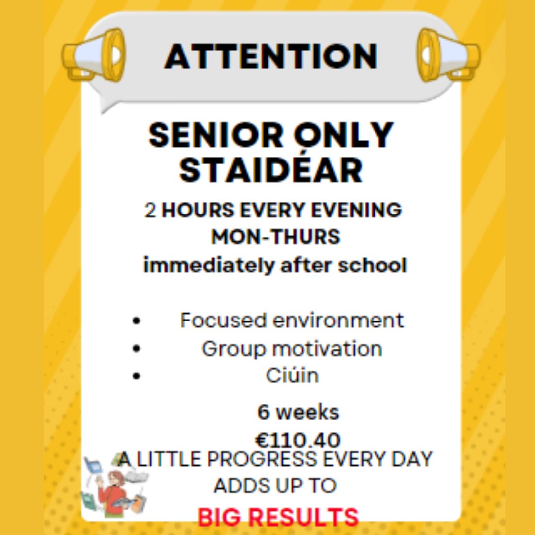 Coláiste De Lacy (@colaistedelacy) on Twitter photo Senior staidéar starting soon! If you are interested contact your year head or email Inion McCarrick at amccarrick.cdl@lmetb.ie.
Senior students only!
#CDL24 Senior staidéar starting soon! If you are interested contact your year head or email Inion McCarrick at amccarrick.cdl@lmetb.ie.
Senior students only!
#CDL24