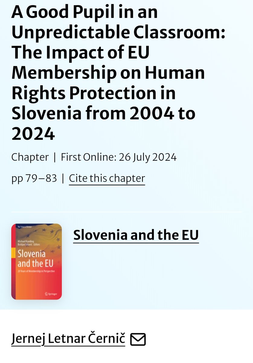 To what extent has EU membership strengthened human rights protection in Slovenia over the last 20 years? Read my critical analysis in the chapter of the recently published Springer book "Slovenia and the EU" (edited by Michael Kaeding and Boštjan Udovič) link.springer.com/chapter/10.100…