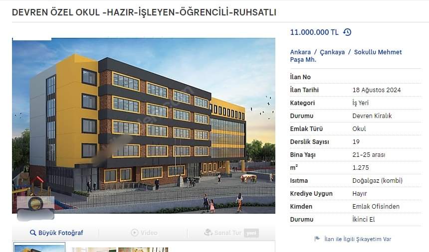 Ankara’daki bir özel okul için içindeki öğrenciler ile birlikte kiralık ilanı verildi.
