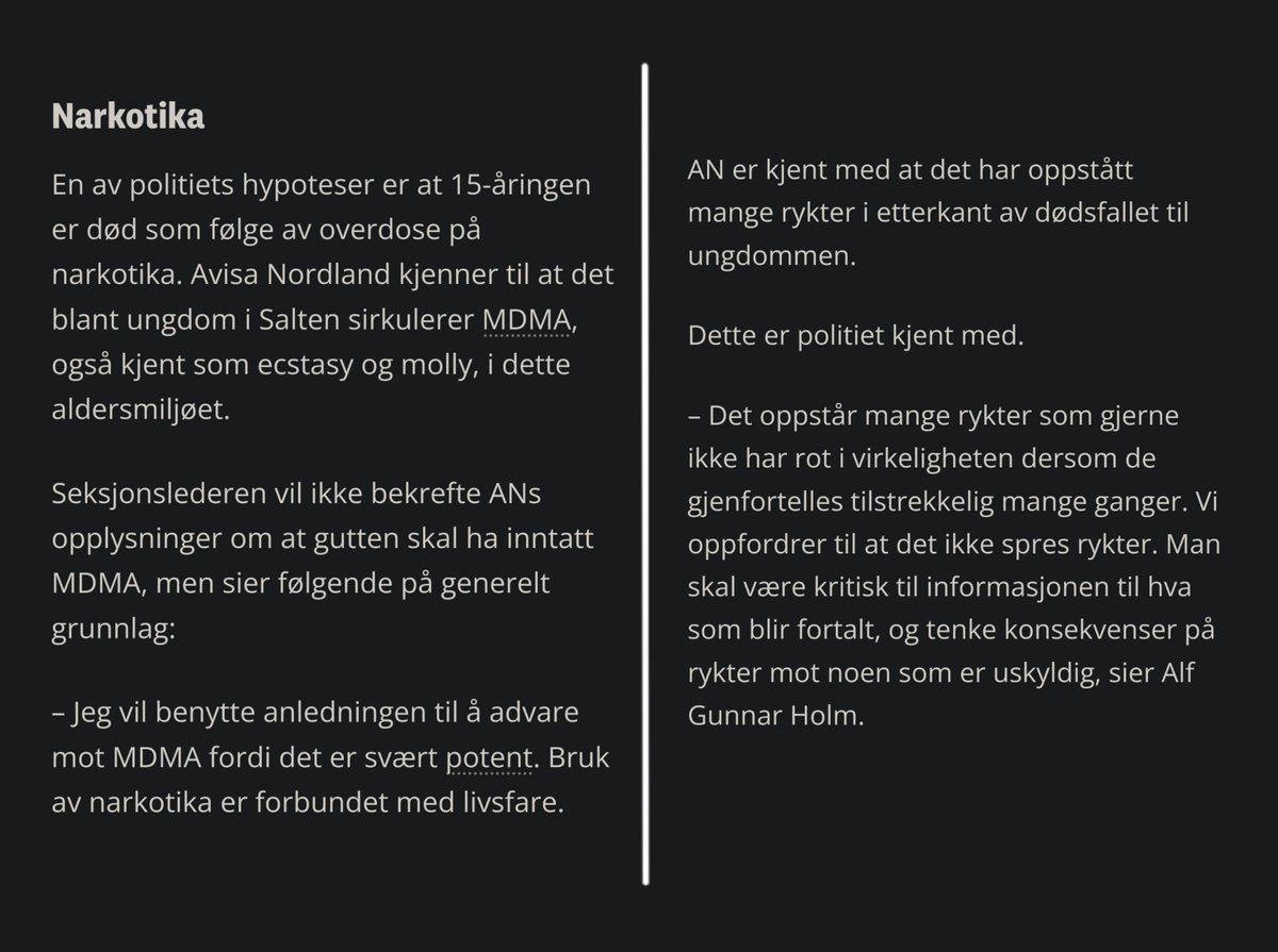 NNPF-er Alf Gunnar Holm vet ikke om gutten døde av MDMA, men benytter likevel sjansen til å spre narkopanikk. Til slutt oppfordrer han til at det ikke spres rykter.