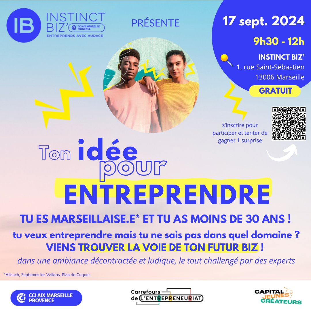 Instinct Biz', le carrefour de l'entrepreneuriat de la #CCIAMP organise un nouvel atelier pour vous aider à lancer votre entreprise 💡 

Vous avez entre 18 et 30 ans et vous habitez à Marseille ? Vous souhaitez lancer votre entreprise, mais vous n'avez pas encore trouvé « la