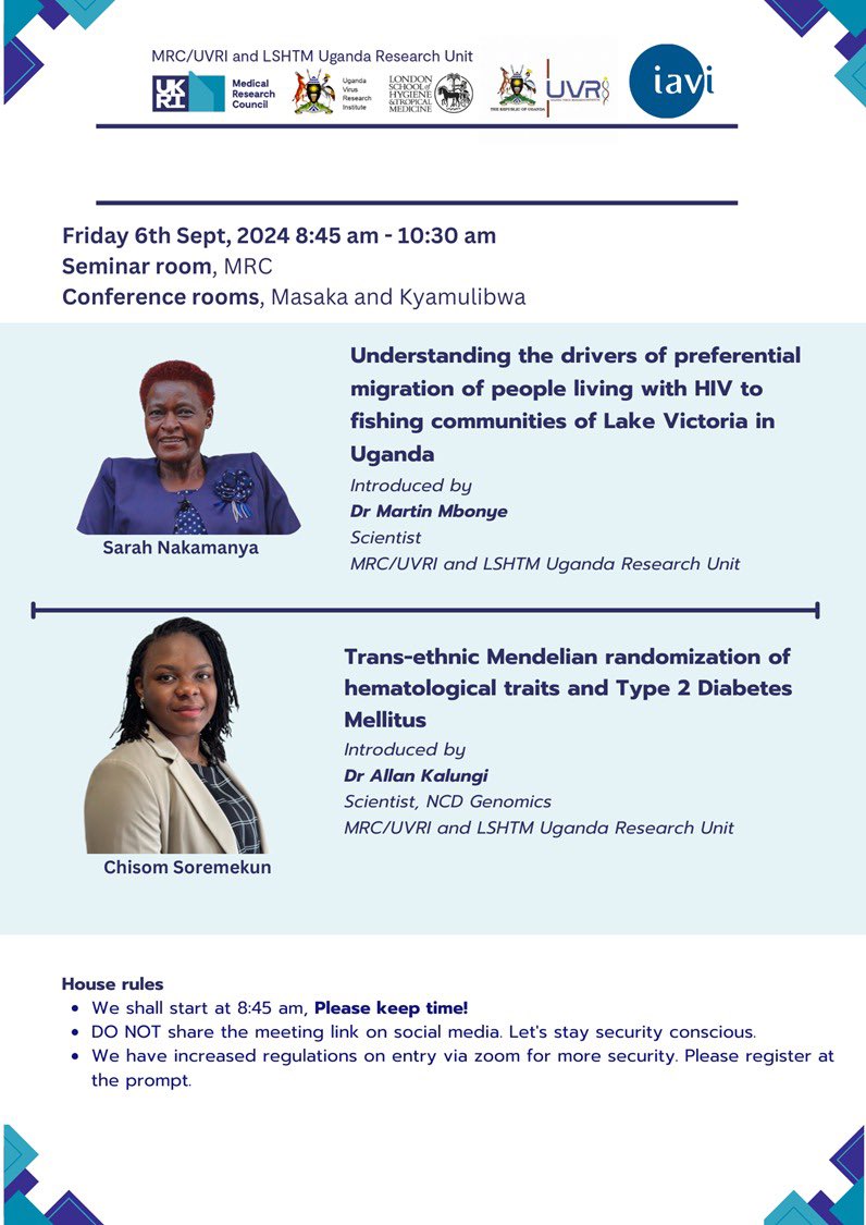 I have been invited to share my findings on the "Transethnic Mendelian Randomisation of Haematological Traits and Type-2 Diabetes Mellitus" at the weekly <a href="/MRC_Uganda/">MRC/UVRI and LSHTM Uganda Research Unit</a> and <a href="/IAVI/">IAVI</a> .

Join us for an enlightening session!

#seminar #research #phd #uvri