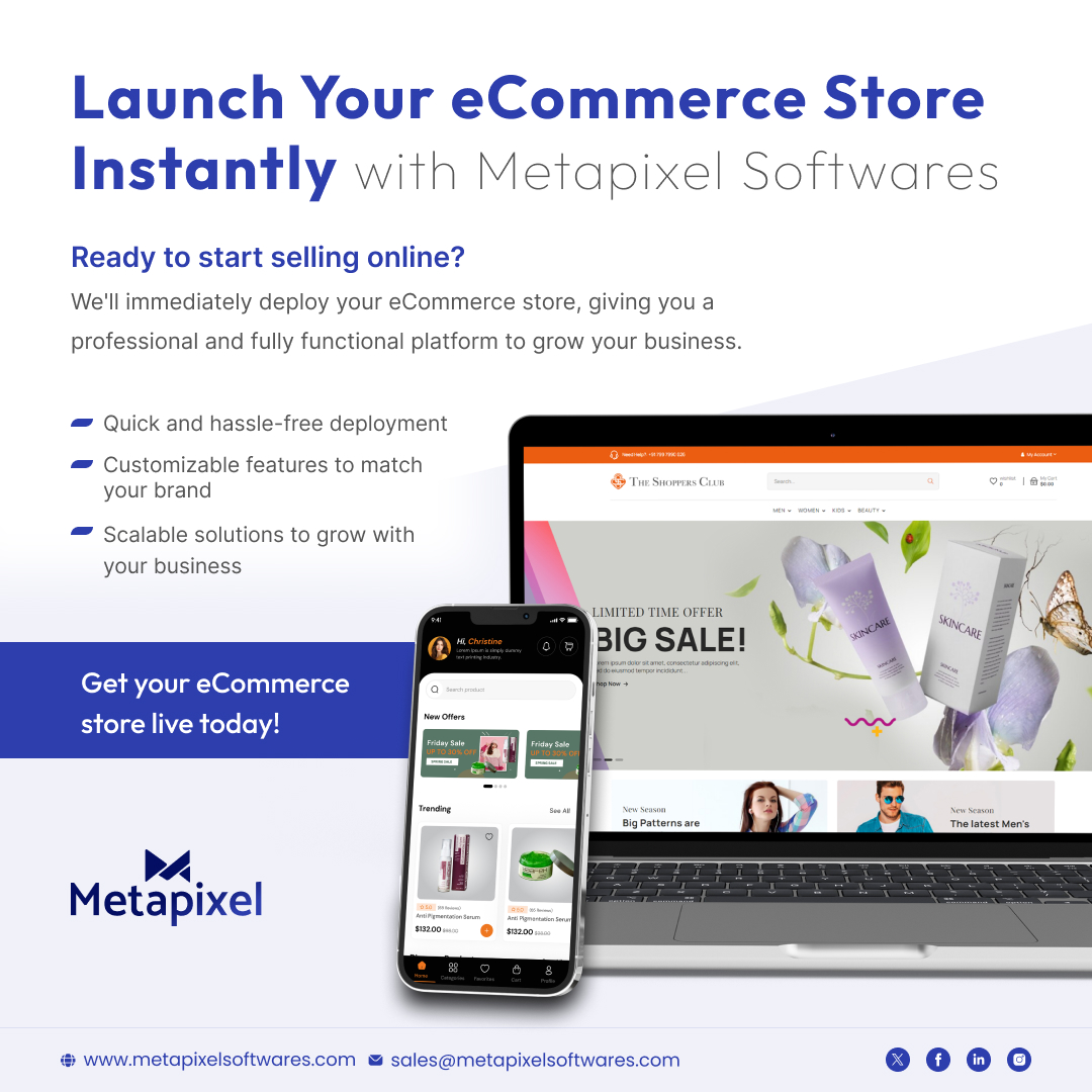 Meta_pixels's tweet image. Ready to start selling online?

We’ll immediately deploy your eCommerce store, giving you a professional, fully functional platform to grow your business.

Get your eCommerce store live today!
tinyurl.com/mr4583cr

#eCommerce #MetapixelSoftwares #InstantDeployment #OnlineStore