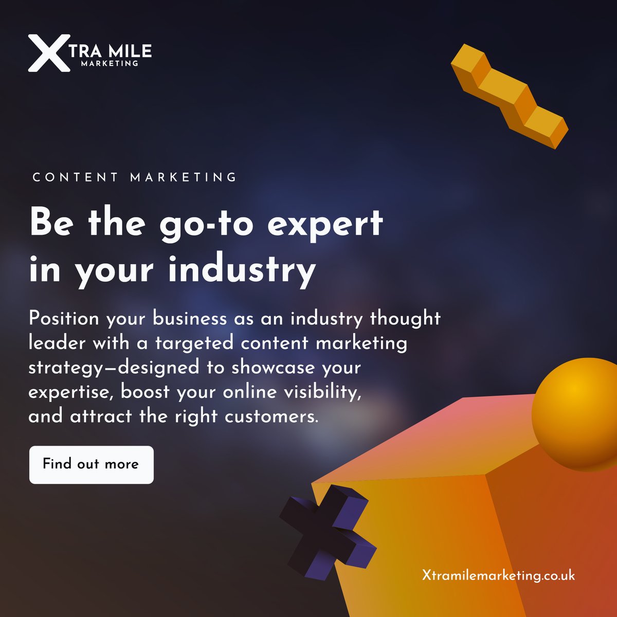 Become a thought leader with Xtra Mile Marketing! 🎯

Our content marketing strategies are built to showcase your expertise, boost your visibility, and engage your ideal customers.  

👉 Learn more: loom.ly/AanJzLs

#XtraMileMarketing #ContentMarketing #ThoughtLeadership