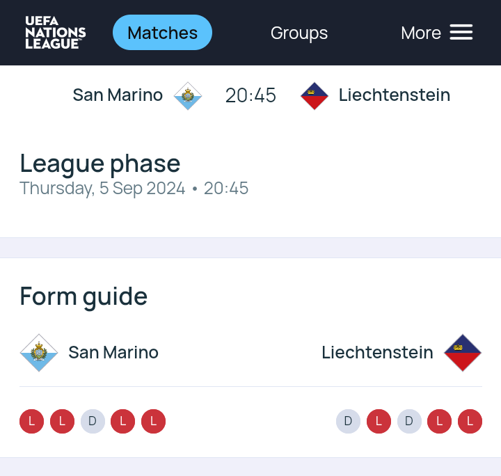 TONIGHT.

Liechtenstein have not won in 4 years. (Last win was v San Marino in 2020.)

San Marino have not won in 20 years.
(Last win was v Liechtenstein in 2004.)

THIS IS, and I cannot stress this enough, IT. 

(Going to be 0-0 isn't it?)