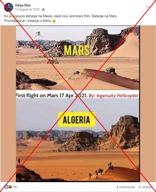 🚀Slika dokazuje kako NASA lažira misije na Mars u Alžiru?
🙅‍♀️AFP nije pronašao dokaze da je NASA ikada ovu slike objavila. Fotograf nije napravio niti dozvolio montažu sa NASA-inim robotima, potvrdio je za AFP
👉u.afp.com/5bpv