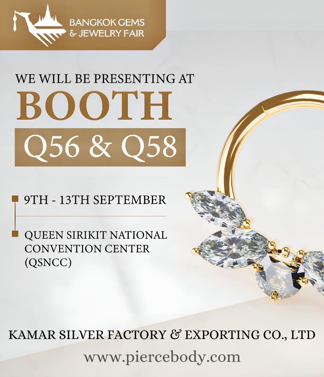 piercebody's tweet photo. Excited to showcase at Bangkok Gems and Jewelry Fair ✨
Find us at Booth Q56 &amp; Q58 
19th - 13th September 
Let's meet 😍 

#bangkokgems #bgjf2024 #jewelryfair #piercingjewelry #jewelrytrends #bangkokjewelry #piercingstyle https://t.co/PZr17LLdzT