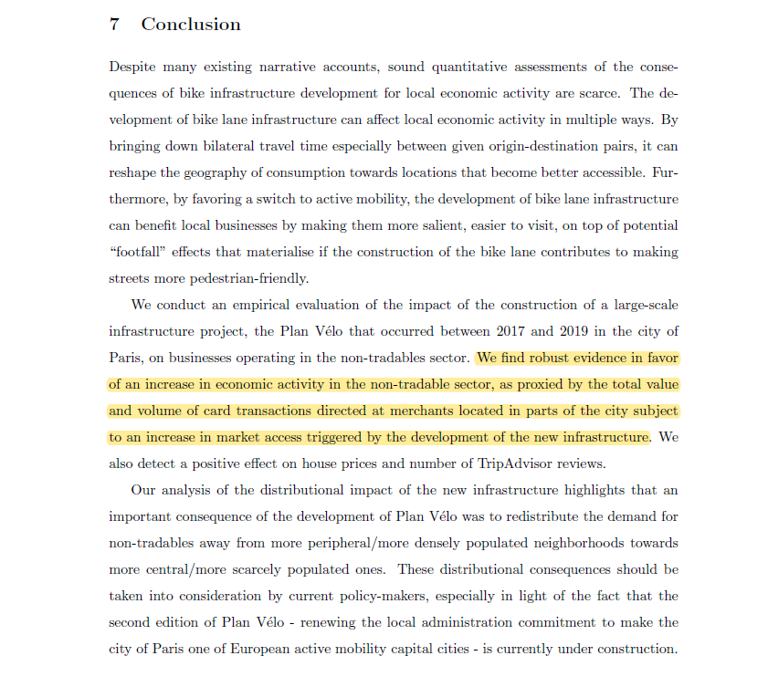 Le Plan Vélo de la ville de Paris a-t-il bénéficié aux commerces ?

➡️Oui selon cette étude qui a étudié l'évolution du chiffre d'affaire des commerces concernés (qui augmente plus rapidement à proximité des nouvelles pistes cyclables)
ideas.repec.org/p/ema/worpap/2…