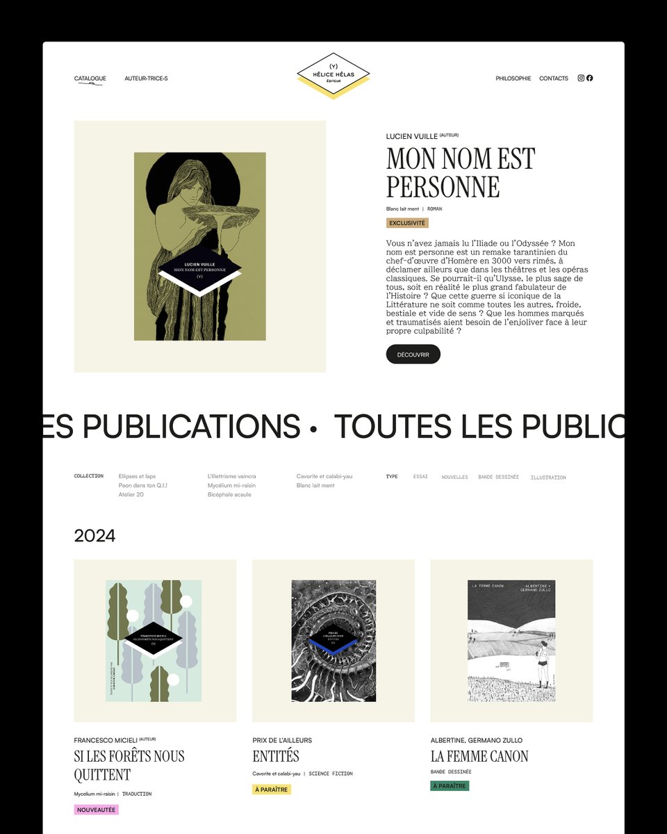 AgenceMurmure's tweet photo. 💫 L’é­di­teur Hélice Hélas, éta­bli à Vevey en Suisse, nous a confié la réa­li­sa­tion de son site Inter­net et l’a­dap­ta­tion web de son uni­vers graphique. En col­la­b avec Yok­na, nous avons créé un site Inter­net épu­ré, simple et élé­gant. Très suisse, finalement ! 🇨🇭 https://t.co/lYOEFdNYkD