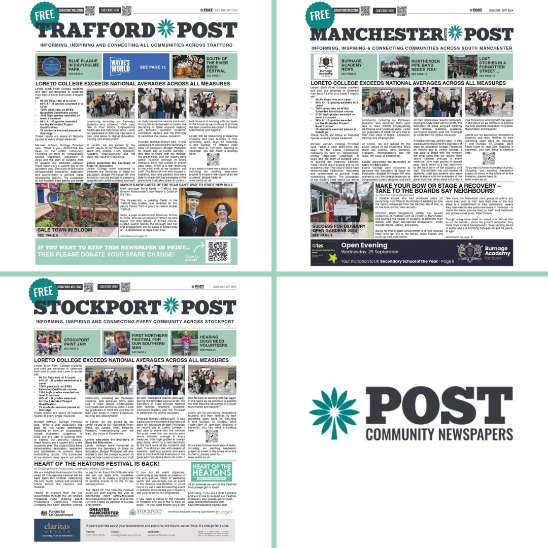September issue of Trafford Post, Manchester South Post &amp; Stockport Post out today! Stockists &amp; delivery volunteers will receive supplies today &amp; over the wkd. Subscribers to the online version will receive this shortly.
Stockists &amp; online copies: communitynewsgm.co.uk