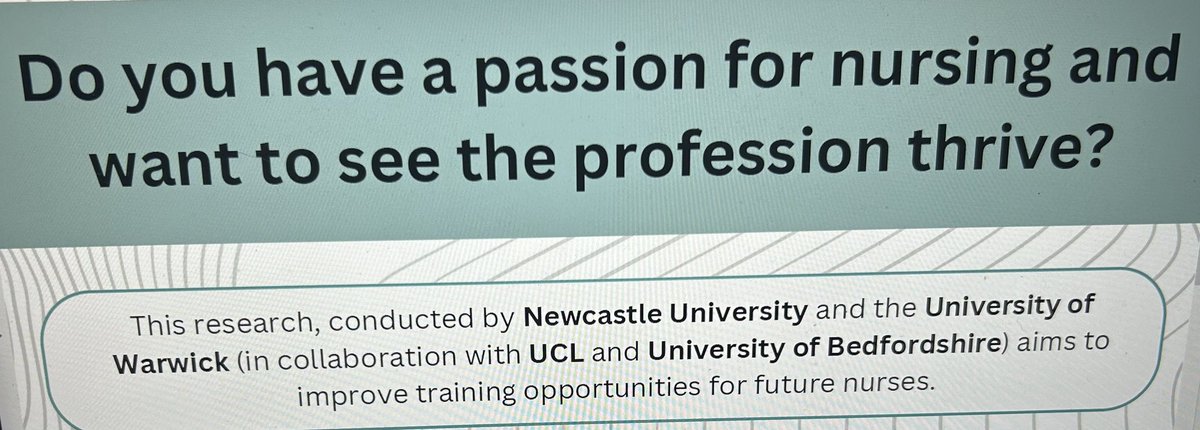 Dr Karen Marshall 🦋 (drkarenmarshall@bsky.social) (@karenmarshall02) on Twitter photo Calling recent graduate nurses (up to 3 years). Could you help this research study which aims to improve training opportunities for future nurses? For further information contact Laura. <a href="/Laura_J_McGowan/">Dr Laura McGowan</a> <a href="/ARNS_UK/">ARNS</a> <a href="/theRCN/">The RCN</a> <a href="/PCRSUK/">PCRS</a> <a href="/NewcastleHosps/">Newcastle Hospitals</a> <a href="/DrTinkleLin/">Linda Tinkler</a> Calling recent graduate nurses (up to 3 years). Could you help this research study which aims to improve training opportunities for future nurses? For further information contact Laura. <a href="/Laura_J_McGowan/">Dr Laura McGowan</a> <a href="/ARNS_UK/">ARNS</a> <a href="/theRCN/">The RCN</a> <a href="/PCRSUK/">PCRS</a> <a href="/NewcastleHosps/">Newcastle Hospitals</a> <a href="/DrTinkleLin/">Linda Tinkler</a>