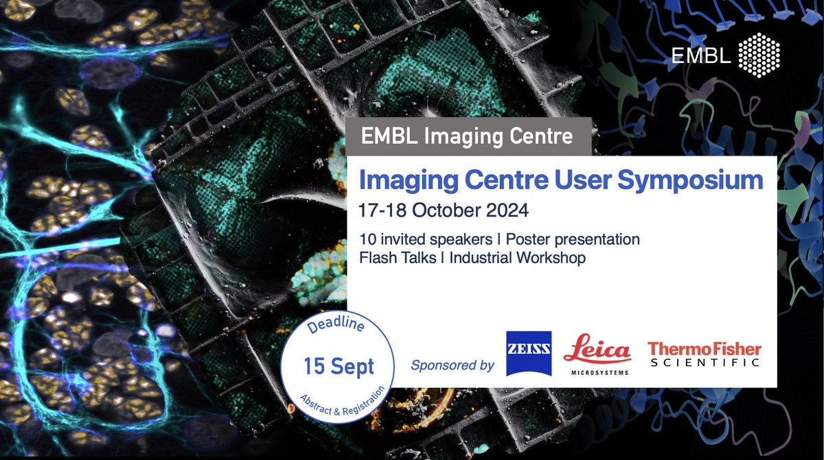 EMBL Imaging Centre (@emblimaging) on Twitter photo Registration now to the @EMBL Imaging Centre User Symposium 2024!
Don't miss this opportunity, especially:
✅ limited workshop by <a href="/LeicaMicro/">Leica Microsystems</a> and <a href="/zeiss_micro/">ZEISS Microscopy</a>
✅ 10 speakers from different expertises
More info & registration: embl.org/about/info/ima…
#ImagingTechnology Registration now to the @EMBL Imaging Centre User Symposium 2024!
Don't miss this opportunity, especially:
✅ limited workshop by <a href="/LeicaMicro/">Leica Microsystems</a> and <a href="/zeiss_micro/">ZEISS Microscopy</a>
✅ 10 speakers from different expertises
More info & registration: embl.org/about/info/ima…
#ImagingTechnology
