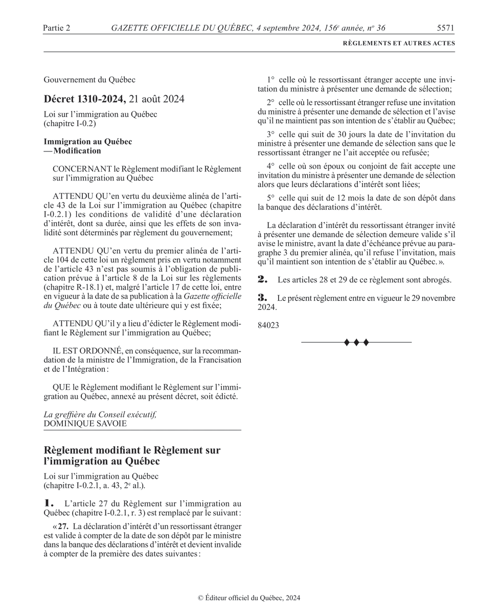 Acces_Canada's tweet photo. Voici deux modifications règlementaires publiées par le Gouvernement du Québec – Ministère de l’Immigration, de la Francisation et de l’Inclusion, - en date du 4 septembre 2024 dans la Gazette Officielle du Québec, dans l’optique de l’entrée en vigueur du futur règlement le 29-11 https://t.co/d8z3IQLQAs