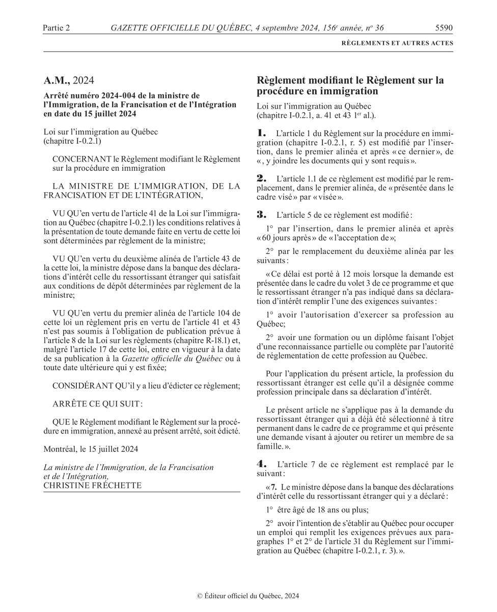 Acces_Canada's tweet photo. Voici deux modifications règlementaires publiées par le Gouvernement du Québec – Ministère de l’Immigration, de la Francisation et de l’Inclusion, - en date du 4 septembre 2024 dans la Gazette Officielle du Québec, dans l’optique de l’entrée en vigueur du futur règlement le 29-11 https://t.co/d8z3IQLQAs