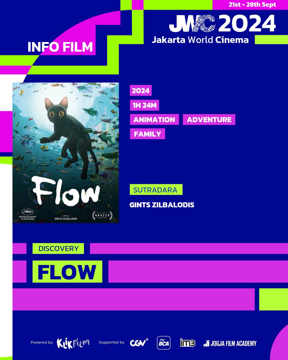 jktworldcinema's tweet photo. Flow karya Gints Zilbalodis adalah film animasi luar biasa yang akan menghanyutkanmu dalam petualangan seekor kucing hitam dalam dunia tanpa manusia.
#JakartaWorldCinema #JWC2024 #KlikFilm #JWC #CGV #GetReadyForJWC https://t.co/LvuYdWpsM7