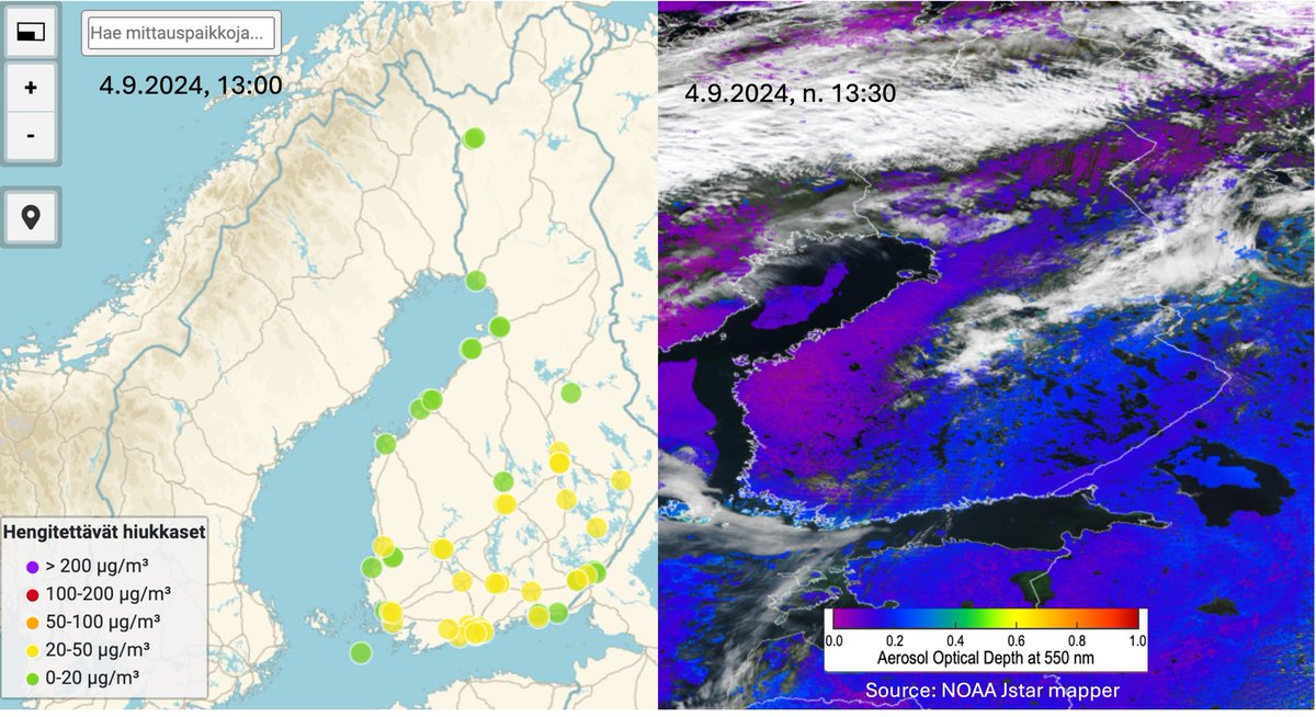 Myös eilisissä (4.9.) satelliittihavainnoissa oli nähtävissä viitteitä meineillään olevasta hiukkasten kulkeutumisepisodista, kun aerosolien optinen paksuus (AOD) koholla idässä ja etelässä: ilmatieteenlaitos.fi/ilmanlaatu  #ilmanlaatu #NOAA20 #aerosols