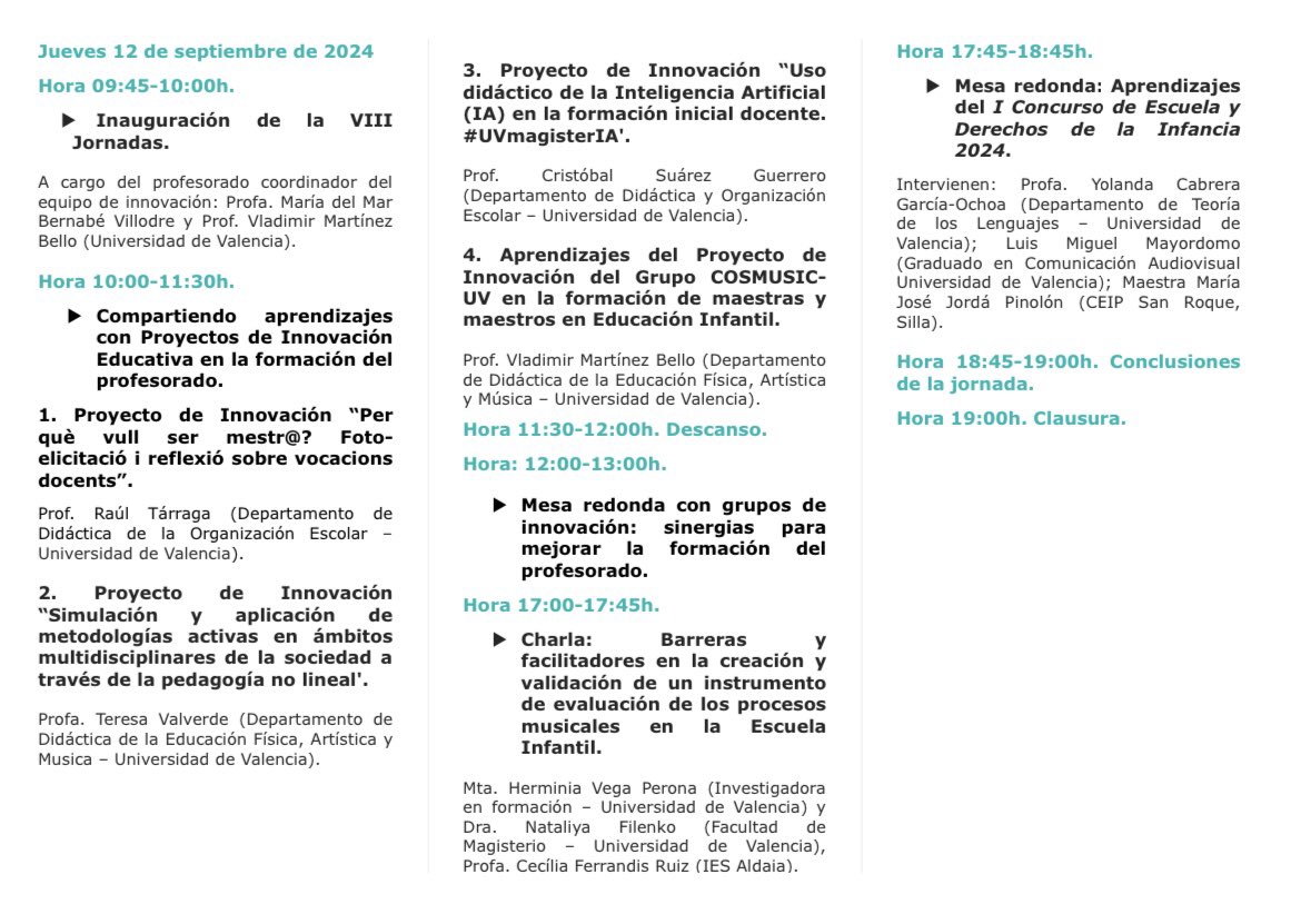 Grupo COS (Research Group) Universitat de València (@cosgrup) on Twitter photo Os invitamos 😊 a las VIII Jornadas organizadas por el <a href="/CosGrup/">Grupo COS (Research Group) Universitat de València</a>
Jueves 12 de septiembre
Aprendizajes y perspectivas de futuro en la formación del profesorado. Facultad de Magisterio (Tarongers). Inscripción cosgrup@uv.es Os esperamos!! #grupocos Os invitamos 😊 a las VIII Jornadas organizadas por el <a href="/CosGrup/">Grupo COS (Research Group) Universitat de València</a>
Jueves 12 de septiembre
Aprendizajes y perspectivas de futuro en la formación del profesorado. Facultad de Magisterio (Tarongers). Inscripción cosgrup@uv.es Os esperamos!! #grupocos