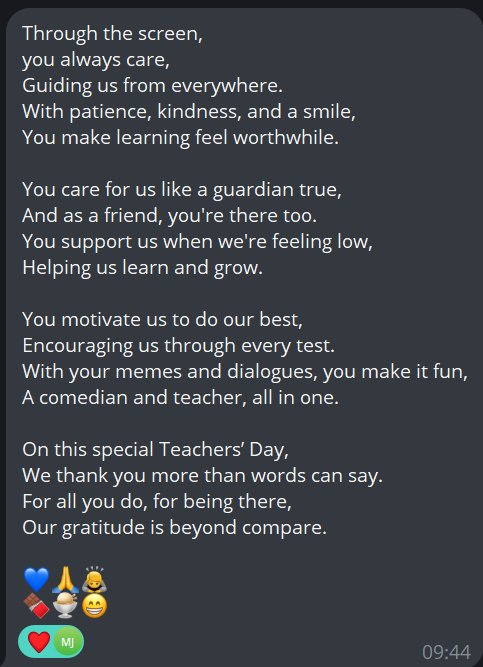 Being both a student and a teacher is a different feeling all together 💙

Messages like these reassures me that I made the right decision in pursuing my passion alongside my studies 🥺🙏🏻
#teachersday2024 #teachersdaycelebration #TeacherAppreciation #TeacherDay #Teachers