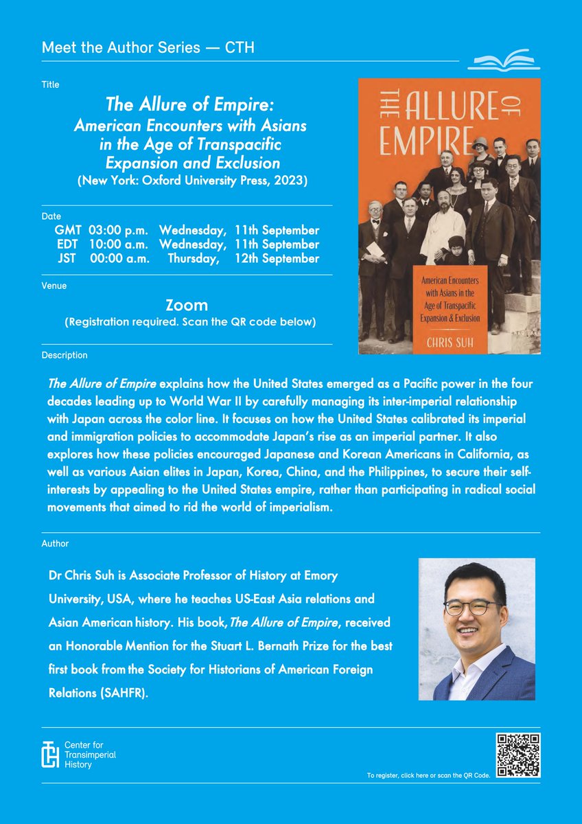 📢 CTH will hold the 4th session of its Meet the Author Series with Dr Chris Suh as a guest speaker!

🗓️Wednesday 11th September, 3 pm (GMT) [4 pm (BST), 5 pm (CEST), 10 am (EDT), 0 am (JST - NB: 12th in Japan)]

To attend this online event, sign up here: forms.gle/KWsmXbytjQPitm…