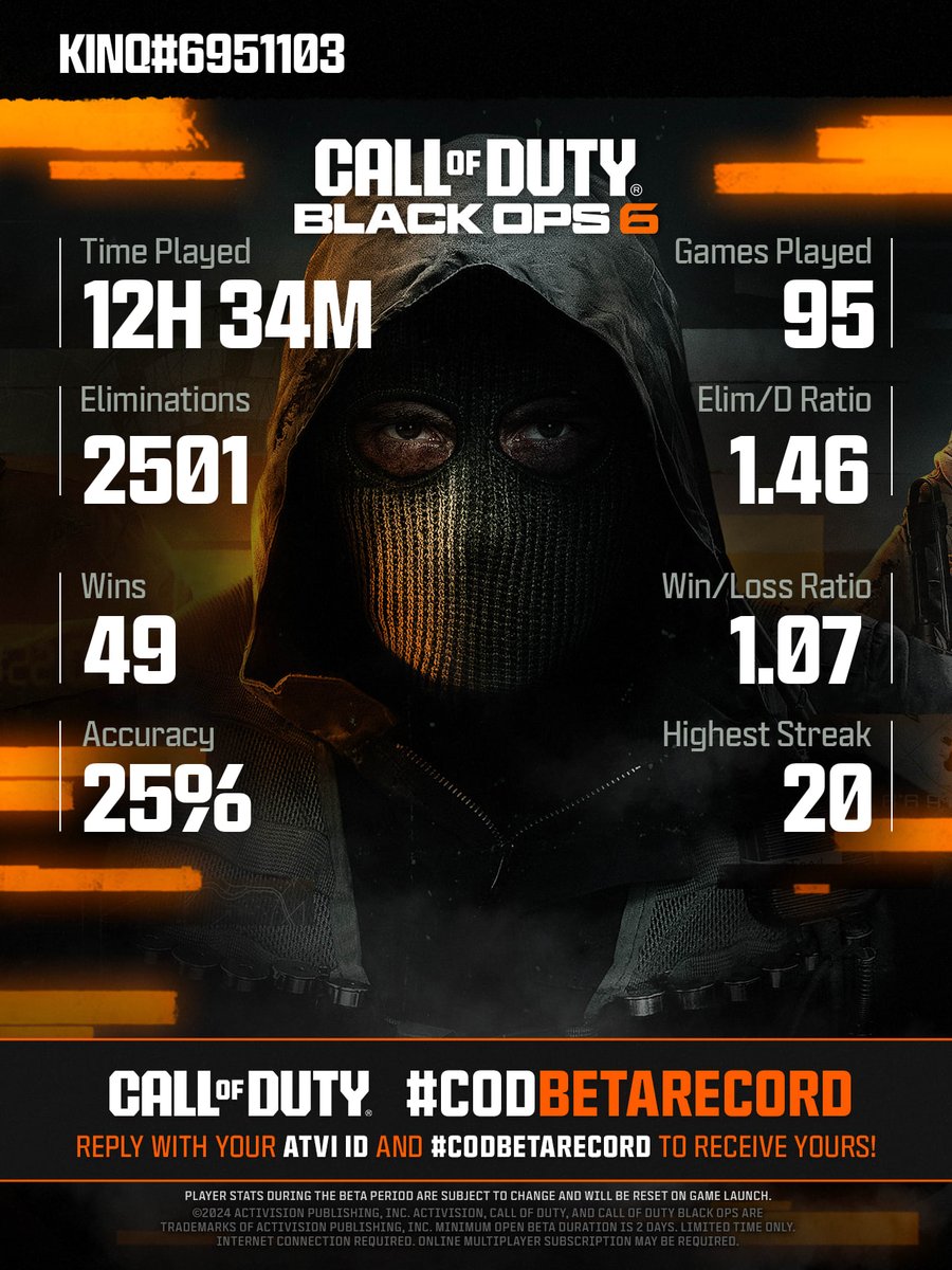 CallofDuty's tweet photo. @Kinqxi @Kinqxi Tag the squad and share your #CODBetaRecord to see how you stack up! 

Submit a new request after you've played to get an updated report with your progress added! https://t.co/3HHGfw45K6