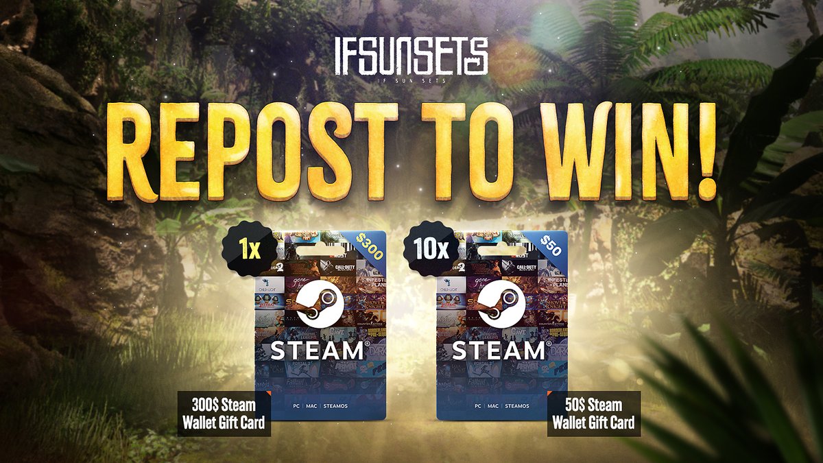 IFSUNSETSgame's tweet image. #Giveaway :
MAIN PRICE IS A $300 STEAM GIFT CARD!  
$50 Steam Gift Card for 10 Winners,
#IfSunSets Steam Key for 20 Winners
What to do: 
Follow @IFSUNSETSgame &amp;amp; Repost this post!
Build up your defense at day &amp;amp; fight Zombies at night. 
Open Beta on #Steam: bit.ly/3ymGAzw