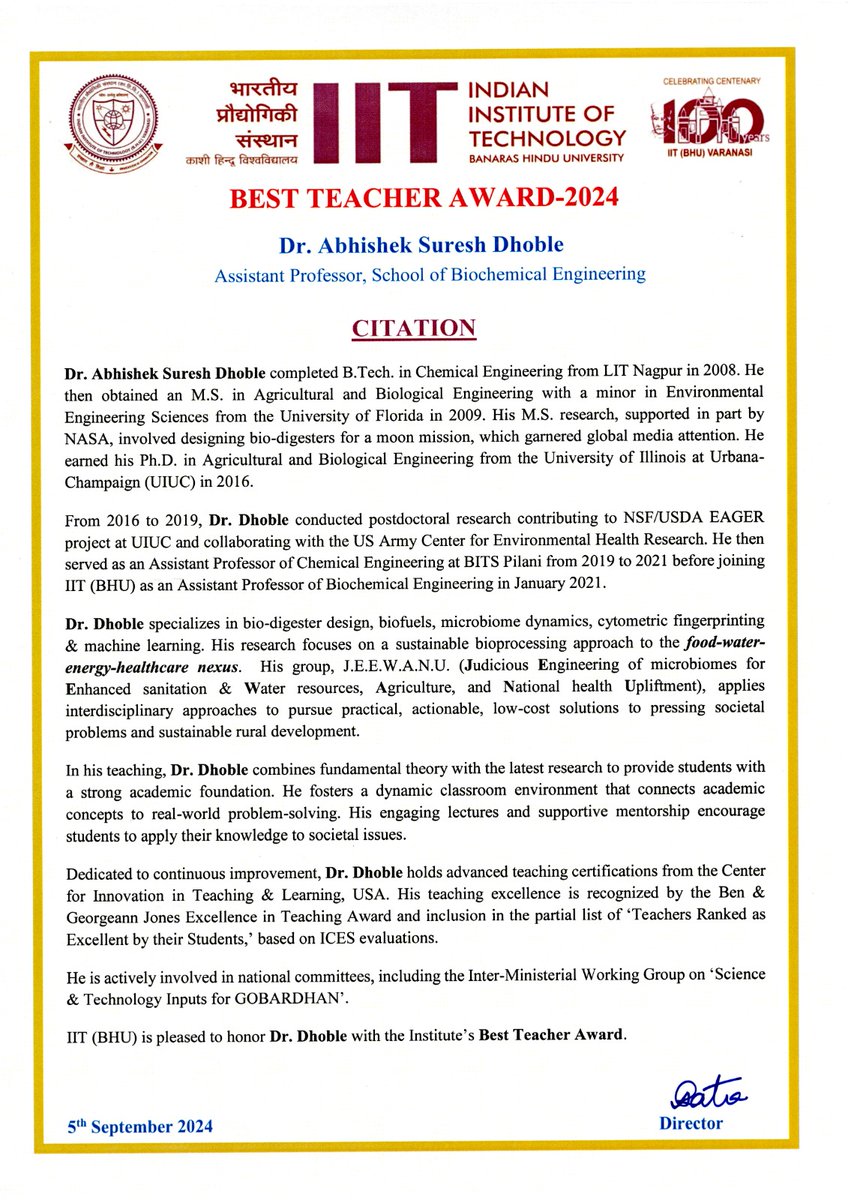 Dr Abhishek Suresh Dhoble (@asdhoble) on Twitter photo Honored & humbled to receive the Best Teacher Award 2024 @ <a href="/IITBHU_Varanasi/">IIT (BHU), Varanasi</a>! This recognition is a shared achievement—thanks to the parents, past teachers, wonderful colleagues, dedicated staff, family & most importantly my students. This award belongs to all of us🙏#teachersday Honored & humbled to receive the Best Teacher Award 2024 @ <a href="/IITBHU_Varanasi/">IIT (BHU), Varanasi</a>! This recognition is a shared achievement—thanks to the parents, past teachers, wonderful colleagues, dedicated staff, family & most importantly my students. This award belongs to all of us🙏#teachersday