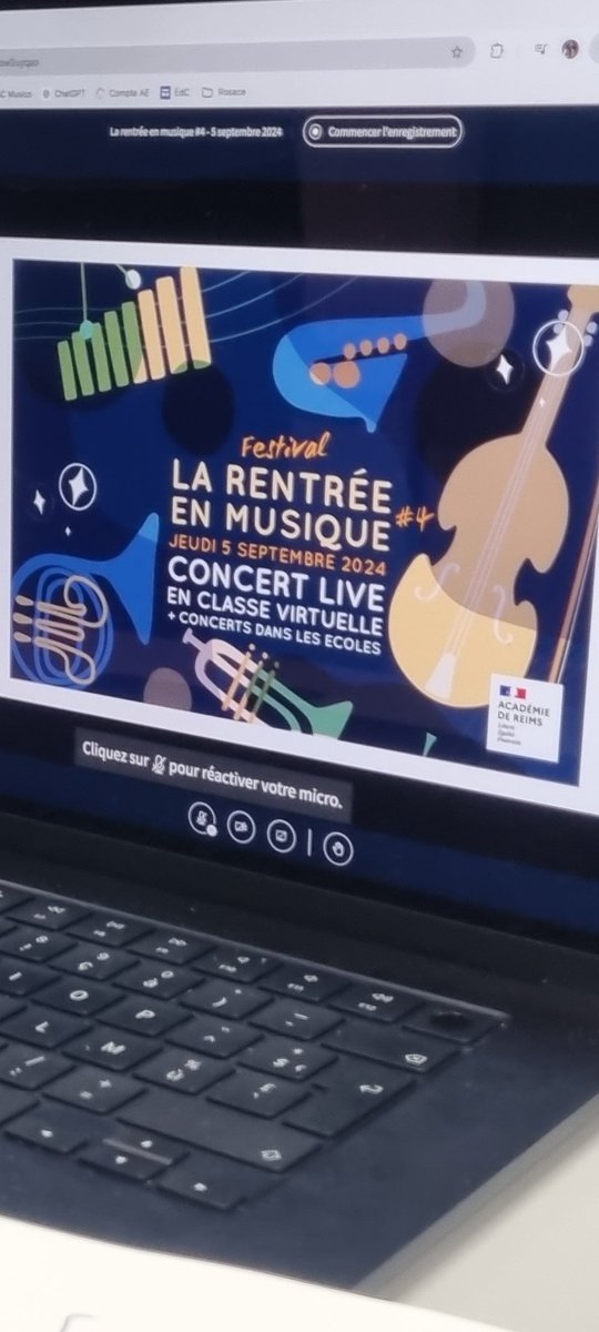 #Rentréeenmusique 🎶
Mme Suzel Prestaux, IA DASEN de la Marne, nous fait l'honneur d'assister au concert organisé à l'école des Petites Loges et retransmis en direct.
🙏 à l'équipe enseignante, JB.Berger artiste, Damien Briand, Yohann Lognon CPD Musique